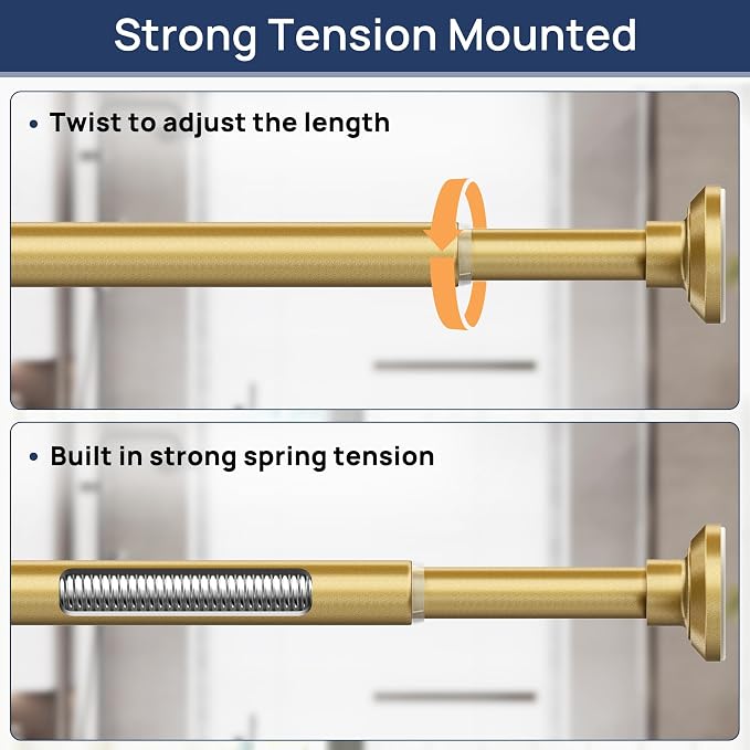 ENJOYBASICS Shower Curtain Rod 30 to 88 Inches, Stainless Steel Adjustable Spring Tension Rods No Drill for Bathroom, Closet, Window, Room Divider, Never Rust, Non Slip, Gold