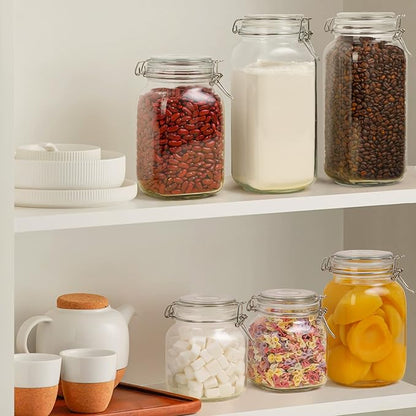 ComSaf 3-Pack Square Glass Coffee Canisters for 1lb Bean Bags, 34oz Airtight Jars with Clamp Lids for Tea, Sugar & Flour, Space-Saving Pantry Organization for Small Apartments & Coffee Station
