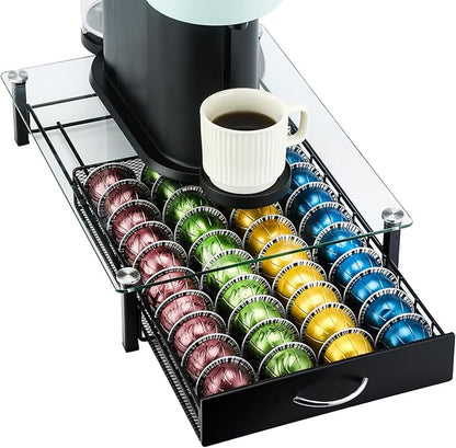 FlagShip Vertuo Pod Holder with Tempered Glass Top,Compatible for Nespresso VertuoLine Pods,Holds up to 40 Big Vertuo Pods,Smooth Pull-Out Design,Fits Under Coffee Makers (12.1''W x 16''D x 3.6''H)