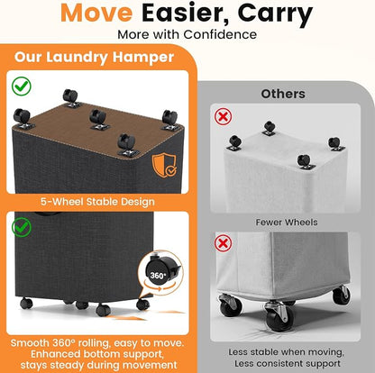Laundry Basket with 5 Wheels, Tall Dirty Laundry Hamper, Rolling Laundry Basket with Lid, Large 100L Collapsible Clothes Hamper for Laundry Room Bedroom Bathroom Dorm, Deep Gray