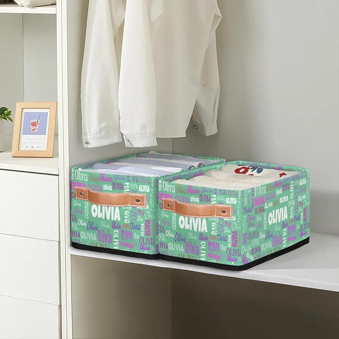 Custom Small Storage Basket Name, Mint Green Rectangular Storage Bins with Handles Organizing Boys Girls Pets Toys Clothes Books for Countertop Toilet Paper Basket Closet Shelf