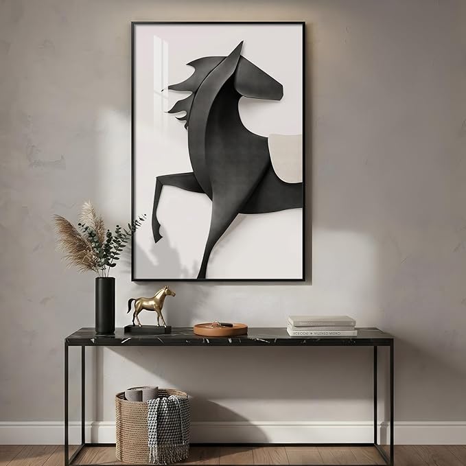 Framed Modern Black and White Horse Wall Art, Contemporary Animal Prints Paintings Artwork for Walls, Minimalist Elegant Horse Pictures for Living Room Dining Bedroom Home Office Wall Decor 24x36 In