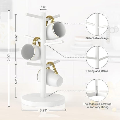 Wisuce White Coffee Mug Tree, Updated Thick Bamboo Mug Holder Base,Coffee Cup Stand Mug Holders with 6 Hooks for Countertop Organizer Stand