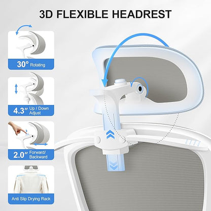 Ergonomic Office Chair, Mesh Desk Chair with Lumbar Support, High Back Home Office Chair with Adjustable Headrest and Flip-Up Arms, Comfortable Computer Chair, Thick Cushion, 300 LBS, LightGray