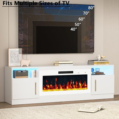 PRETZI Fireplace TV Stand with 36" Fireplace Up to 80" TVs,70" Entertainment Center with LED Lights,Remote Control,TV Media Console with Storage Cabinets for Living Room, White+White