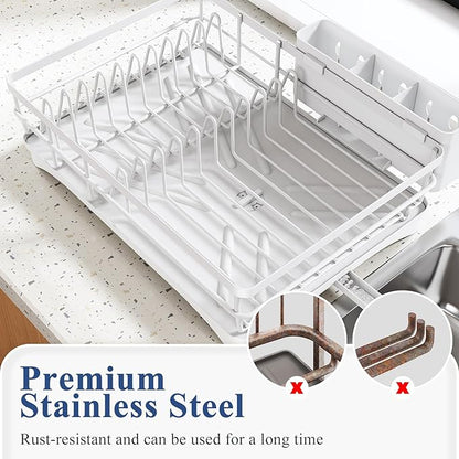SNTD Dish Drying Rack for Kitchen Counter - Large Dish Rack with Drainboard, Rustproof Dish Drainer with Utensil Holder for Sink, White