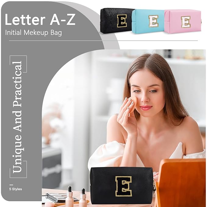 Personalized Initial A-Z Preppy Patch Makeup Bag,Small PU Chenille Letter Cosmetic Bag with Zipper for Teen Girls,Black Cute Toiletry Organizer Bag,Monogram Makeup Case Gift for Women Girls,Letter E
