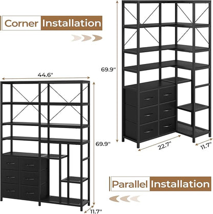 HAUOMS Corner Bookshelf, 7-Tier Bookcases Tall Convertible Book Shelf with 6 Fabric Drawers, Industrial Corner Bookshelves for Living Room, Kitchen, Home Office, Rustic Black