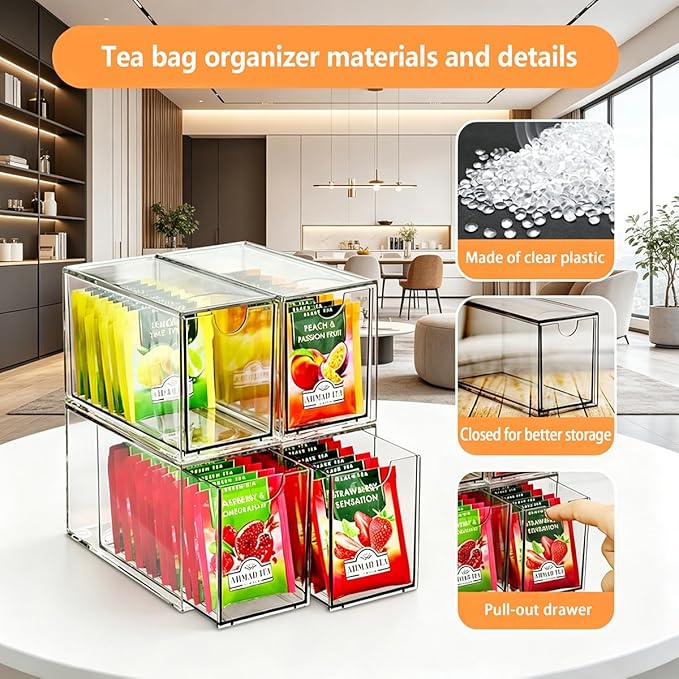 4 Pack Tea Bag Drawers Organizer, Clear Plastic Stackable Tea Organizers and Storage, Portable Tea Bag Holder 6.5" x 4" x 3" for Kitchen Pantry Organizer