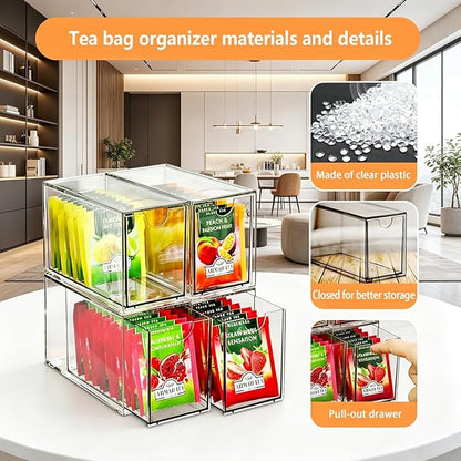 4 Pack Tea Bag Drawers Organizer, Clear Plastic Stackable Tea Organizers and Storage, Portable Tea Bag Holder 6.5" x 4" x 3" for Kitchen Pantry Organizer