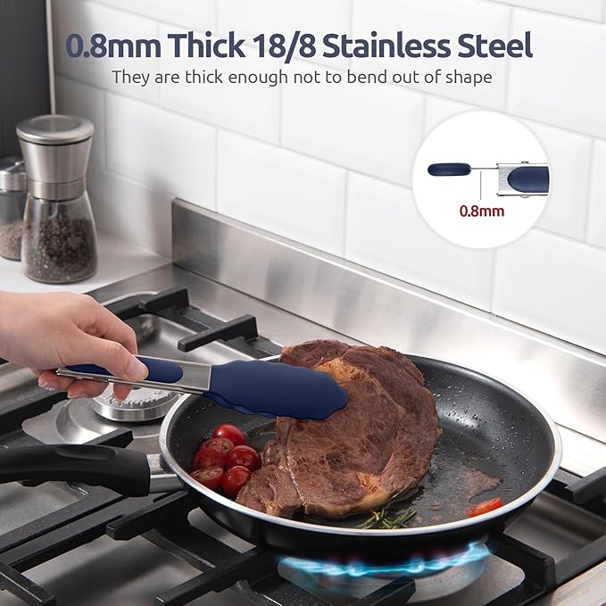 600ºF Heat Proof Kitchen Tong: U-Taste 7" Silicone Cooking Tong with Firm Sealed Non Stick Rubber Tips & Silicon Coated 18/8 Stainless Steel Handle & Smooth Locking for Serving Salad (Midnight Blue)
