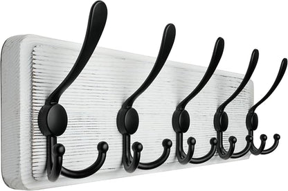 WEBI Coat Rack Wall Mount,Coat Hooks Wall Mounted,16" Hole to Hole,Coat Hanger Wall,Wood Hook Rack Rail,5 Triple Hooks for Hanging Coats,Jacket,Clothes,Farmhouse,Black/White