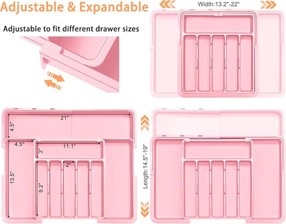 Spaclear Silverware Organizer Expandable Kitchen Utensil Drawer Organizer Large BPA Free Adjustable Cutlery Silverware Tray for Spoons Forks Knives Storage Divider for Kitchen Flatware 6-9 Slots Pink