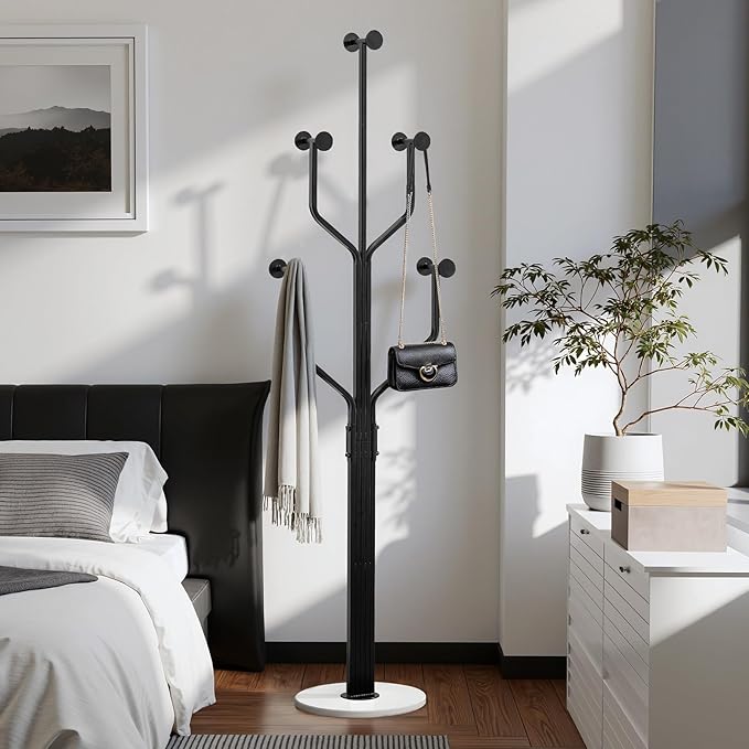 Coat Rack Freestanding with 10 Hooks, Metal Coat Rack Stand, Heavy Duty Standing Coat Tree with White Sturdy Round Base for Clothes, Hat, Jacket/Entryway, Hallway, Bedroom, Black