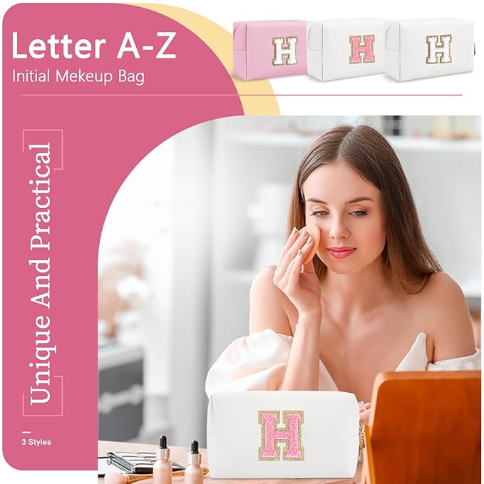 Personalized Makeup Bag Initial A-Z Preppy Patch Bag,Small PU Leather Travel Cosmetic Bag Pouch with Zipper,White Cute Toiletry Bag,Gift Ideal for Teen Girls Women Birthday Friend Mom,Letter H
