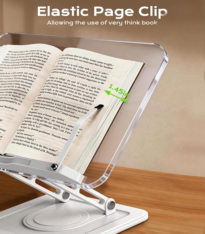 Book Stand for Reading, Adjustable Book Holder with 360°Rotating Bases, Ergonomic Cookbook Stand Recipe Book Holder with Elastic Page Clips for Magazines, Tablets, Laptops,Acrylic White
