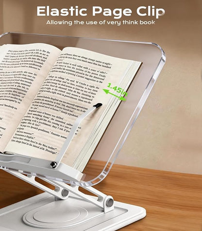 Book Stand for Reading, Adjustable Book Holder with 360°Rotating Bases, Ergonomic Cookbook Stand Recipe Book Holder with Elastic Page Clips for Magazines, Tablets, Laptops,Acrylic White