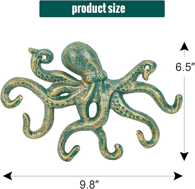 Sungmor Cast Iron Key Holder for Wall, Decorative Octopus Hanger with 6 Hooks, Vintage Green Wall Hooks for Towel, Bathrobe, Necklaces, Purse, Dog Leashes, Bathroom Nautical Decor