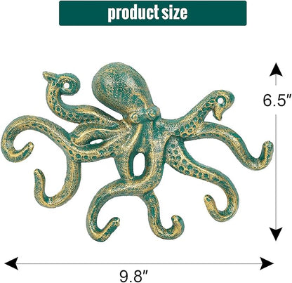 Sungmor Cast Iron Key Holder for Wall, Decorative Octopus Hanger with 6 Hooks, Vintage Green Wall Hooks for Towel, Bathrobe, Necklaces, Purse, Dog Leashes, Bathroom Nautical Decor