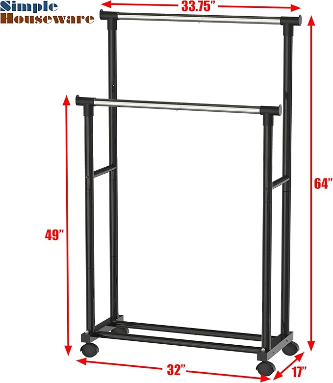 Simple Houseware Double Rod Portable Clothing Hanging Garment Rack