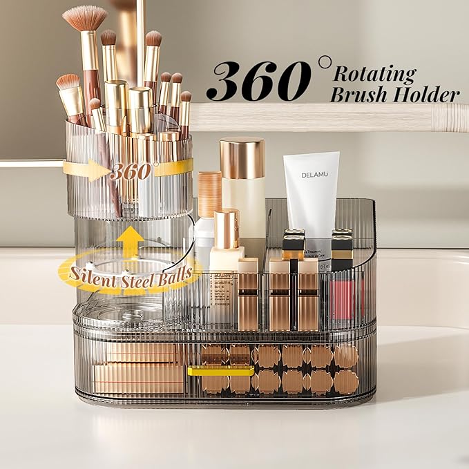 Delamu Makeup Organizer for Vanity with Stackable Drawers, 360 Rotating Makeup Brush Holder Large Cosmetic Display Case, Bathroom Skincare Storage, Crystal Black, Ideal Christmas Gifts for Girls
