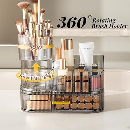 Delamu Makeup Organizer for Vanity with Stackable Drawers, 360 Rotating Makeup Brush Holder Large Cosmetic Display Case, Bathroom Skincare Storage, Crystal Black, Ideal Christmas Gifts for Girls