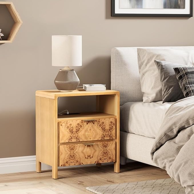 COZAYH Farmhouse Nightstand with Charging Station, Side Table with Power Outlet and USB & Type C Ports, Wood Bedside Table for Bedroom, Fully Assembled, Rustic, Natural, Burl