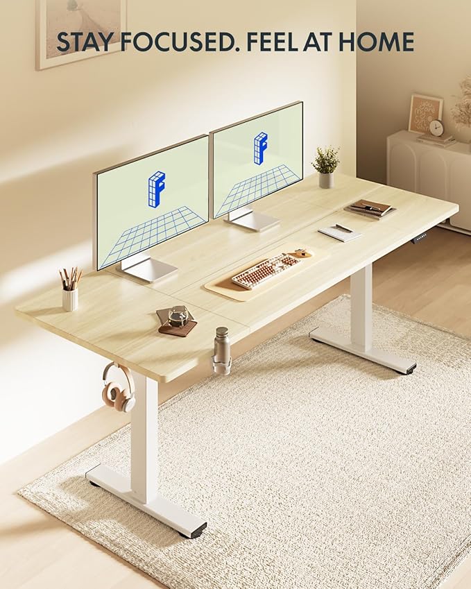 FLEXISPOT 79x32 Inch Electric Large Standing Desk for Home & Office, Spacious Splice Board Desk with Cable Management & Organizer, Cup Holder & Hook, White Wood Grain
