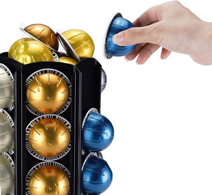 FlagShip Vertuo Pod Holder with Heavy-Duty Metal,Holds 50+ Pods for Nespresso Vertuoline,360°Carousel Rotating Smoothly & Silently,Small Coffee Pod Organizer Save Space