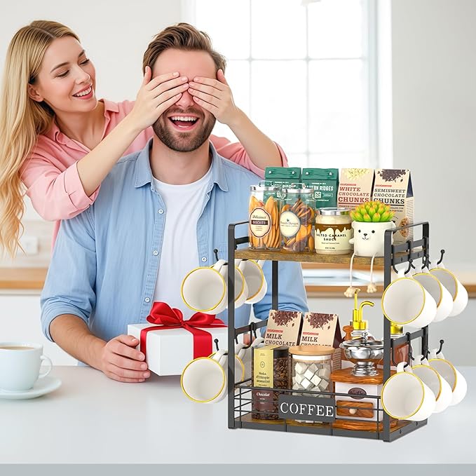 EsLuker.ly Coffee Mug Cup Holder Tree Bar Station Organizer, 2 Tier Mug Stand Rack for Countertop Kitchen, Storage Tower Display Shelf with 12 Hooks, Coffee Nook Enhancer