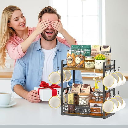 EsLuker.ly Coffee Mug Cup Holder Tree Bar Station Organizer, 2 Tier Mug Stand Rack for Countertop Kitchen, Storage Tower Display Shelf with 12 Hooks, Coffee Nook Enhancer