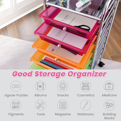 OFFICEJOY Storage Cart, Rolling Utility Cart with 10 Drawers, Portable Handles & Lockable Wheels, Mobile Paper Toys Storage Organizer Large Capacity for Home Office School Teacher (Rainbow)