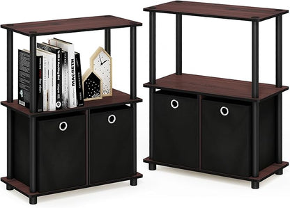 Furinno TURN-N-TUBE Storage Shelves Set of 2, 3-Tier Toolless Book Shelf with Storage Bins, Display Shelf, for Organization and Storage, Living Room, Garage, Home Office, Dark Cherry