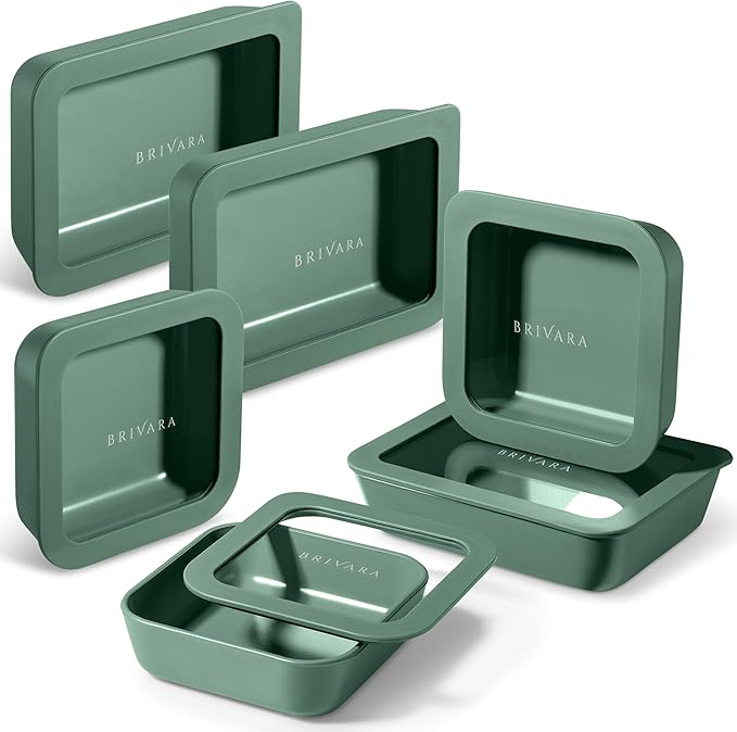 BRIVARA HOME Ceramic Coated Glass Food Storage Container | No PTFE, PFOA, PFAS, and BPA | Reusable Non Toxic Meal Prep Container with Glass Lid | Easy To Store | 6 Piece Food Prep [Pine]