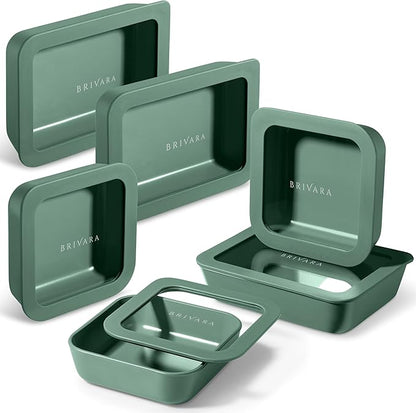 BRIVARA HOME Ceramic Coated Glass Food Storage Container | No PTFE, PFOA, PFAS, and BPA | Reusable Non Toxic Meal Prep Container with Glass Lid | Easy To Store | 6 Piece Food Prep [Pine]