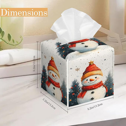 Christmas Snowman Tissue Box Cover Holder,Leather Tissue Case Holder Facial Paper Organizer Decorative for Tabletop Night Stands Desk Bathroom Kitchen Car Office Home Decor