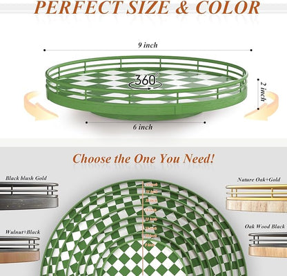 Premium Rubber Wood Lazy Susan Turntable, Green White Checkerboard Decorative Serving Tray, Hand-Welded Metal Railing, Stable Rotating Organizer for Dining Table, Kitchen Counter, Coffee Table Decor