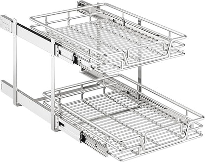 2-Tier Kitchen Cabinet Pull Out Shelf and Drawer Organizer Slide Out Pantry Storaqe Basket in Multiple Sizes (16" W x 21" D)