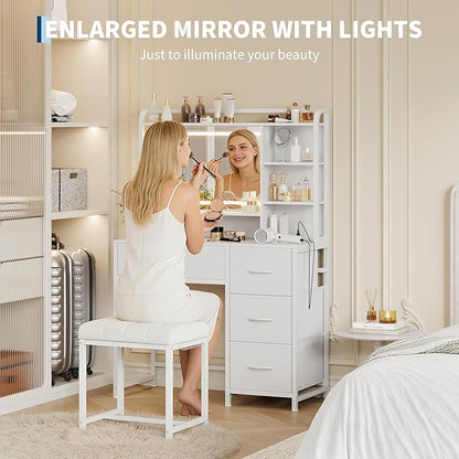 35.4" Vanity Desk with Square Mirror for Bedroom, Makeup Table with 4 Fabric Drawers & Storage Shelves, Modern Dressing Desk for Women Girls