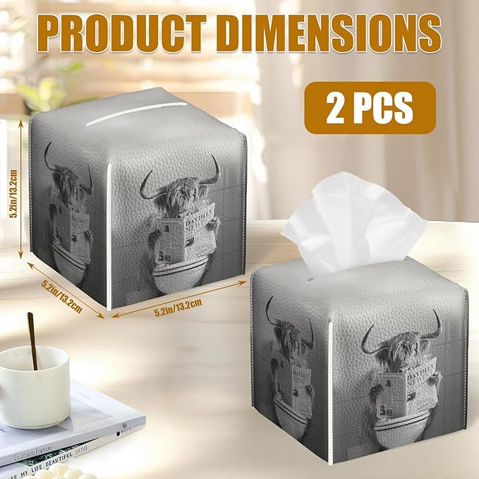 Funny Highland CowTissue Box Cover 2PCS, Leather Tissue Box Holder Square Facial Paper Case Tissue Box Cube Organizer for Bathroom Bedroom Desk Office