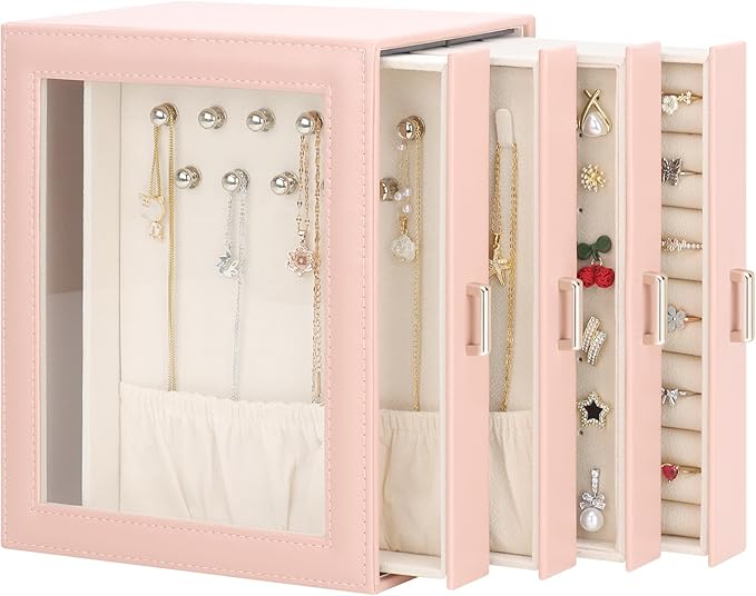 DesignSter Jewelry Box Organizer, Jewelry Box for Women, PU Jewelry Organizer Display Case with Side Drawers, Jewelry Storage for Earring Necklace Ring Bracelet Watch
