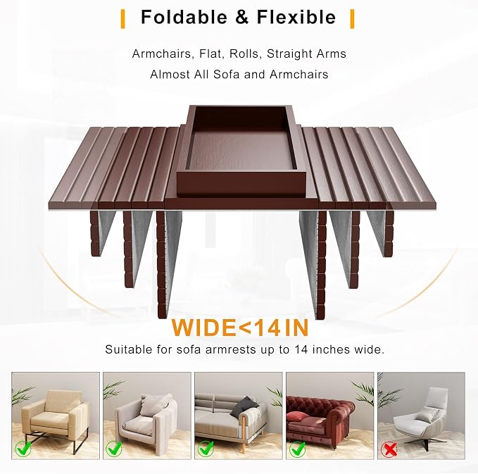 Bestjing Bamboo Sofa Armrest Tray Table for Couch - 2-in-1 Foldable Couch Arm Table with Be Slide Detachable Tray- Anti-Slip Sofa Armchair Caddy for Drinks Cellphone TV Remote Snacks(Walnut)