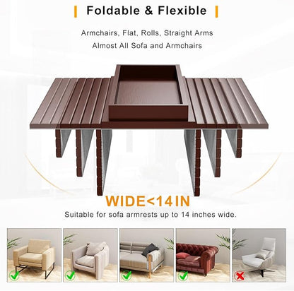 Bestjing Bamboo Sofa Armrest Tray Table for Couch - 2-in-1 Foldable Couch Arm Table with Be Slide Detachable Tray- Anti-Slip Sofa Armchair Caddy for Drinks Cellphone TV Remote Snacks(Walnut)