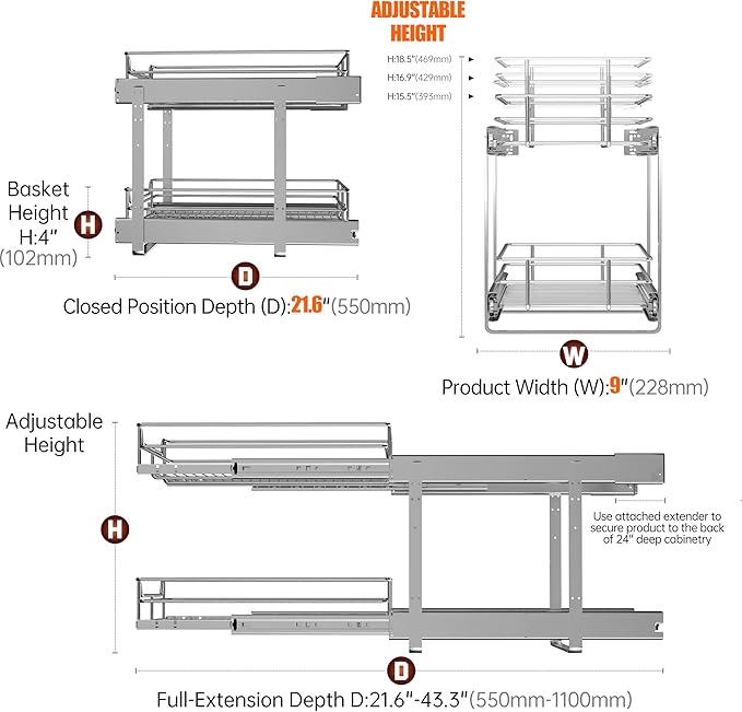 JOWBOOW 2-Tier Individual Cabinet Pull Out Shelves (9" W x 22" D), Slide Out Kitchen Panty Narrow Cabinet Storage Sliding Shelves