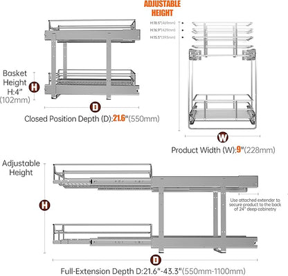 JOWBOOW 2-Tier Individual Cabinet Pull Out Shelves (9" W x 22" D), Slide Out Kitchen Panty Narrow Cabinet Storage Sliding Shelves