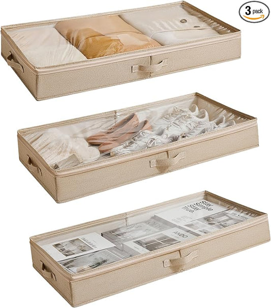Berdeng 3 Pack Under Bed Storage Containers, Low Profile Underbed Shoes and Clothes Storage Organizer with Sturdy Sidewalls/Bottom, Large Dorm Storage Bins,33 * 17 * 4.5 inches,45L