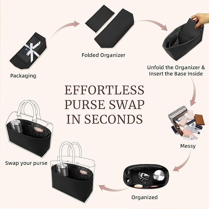 Purse Organizer Insert, Satin Tote Bag Organizer with 8 Sizes, Handbag Dividers for Inside Purse, Compatible with Longchamp, Neverful, 25C Hobo and More Bags(Small,Black)