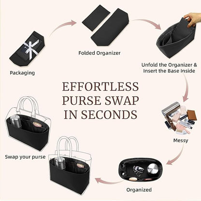 Purse Organizer Insert, Satin Tote Bag Organizer with 8 Sizes, Handbag Dividers for Inside Purse, Compatible with Longchamp, Neverful, 25C Hobo and More Bags（Slender Medium,Black）