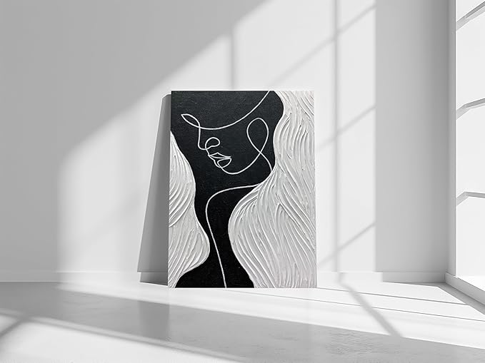 moshinart 24 x 36in Hand-Painted Oil Painting 3D Texture Black White Grey Modern Minimalist Black Abstract Wall Art, Home Office Wall Decoration Human Face