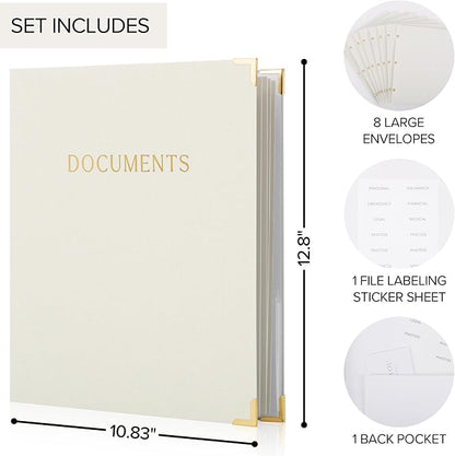 Important Document Organizer Set with Folders - Complete Linen Ring Binder Set Safely Stores All Documents & Files in One Place - Easy to Use Expanding Storage Incl. Envelopes, Pockets & Labels